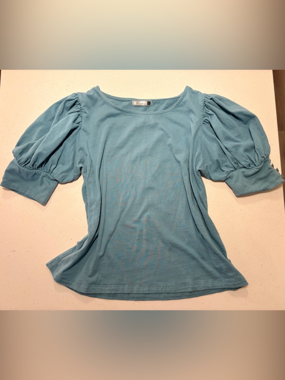Oris Light Teal Puff-Sleeve Crewneck Top